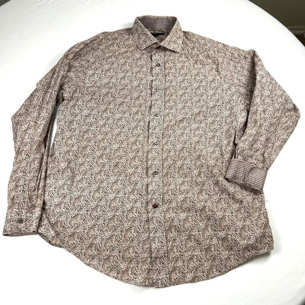 Cremieux Classics Mens Paisley Long Sleeve Button-Up Large Shirt Brown Flip Cuff